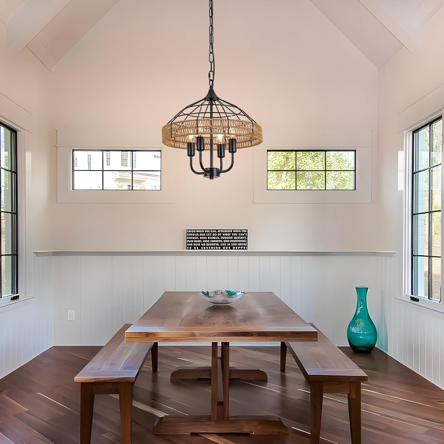 KEESFU Boho Pendant Light Chandelier Light, Farmhouse Rattan Hand-Woven Light Fixture,Adjustable Coastal Hanging Ceiling Chandelier for Dining Room Kitchen Island Foyer.