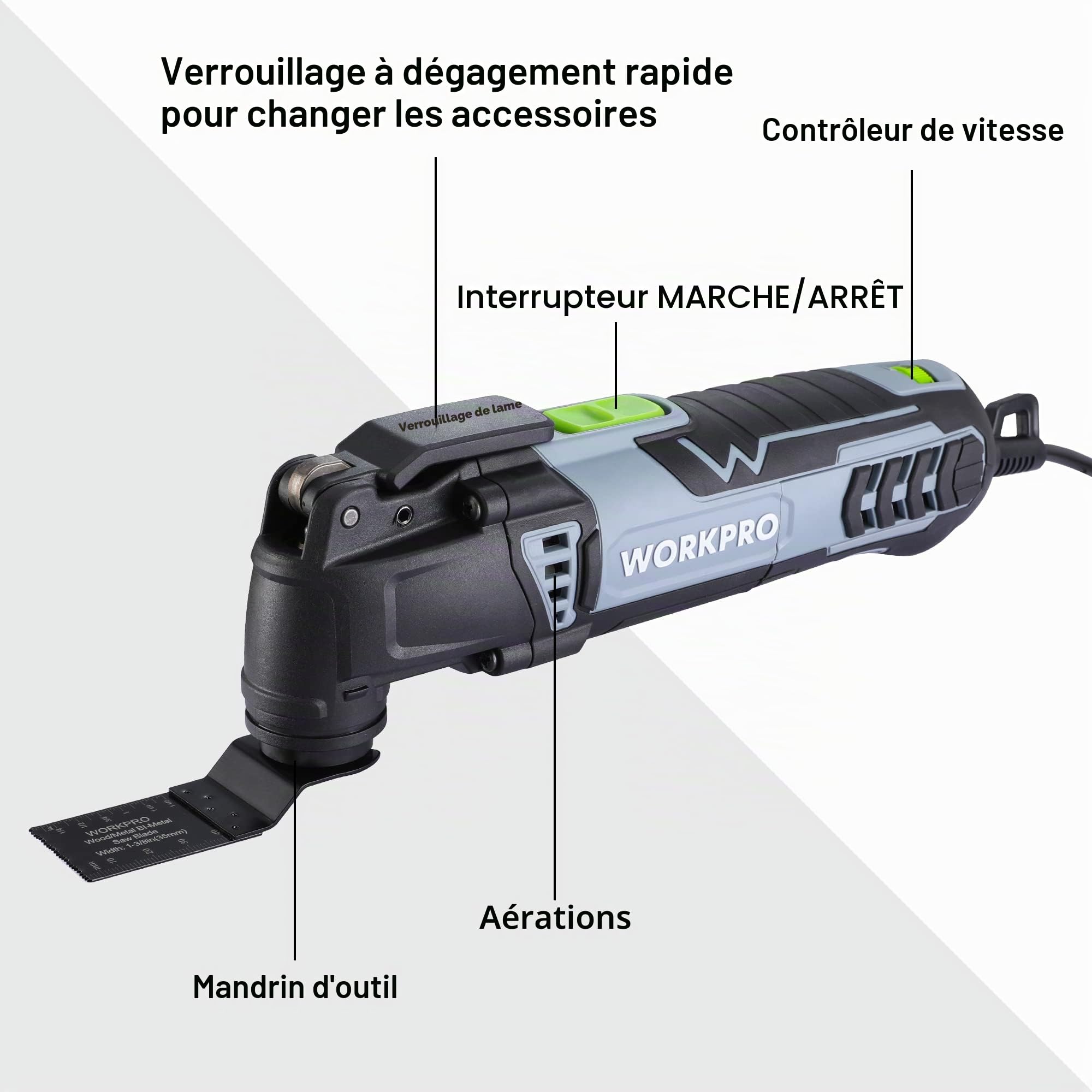 WORKPRO Outil Multifonction Oscillant 300W, 7 Vitesses Réglables, avec 17 Accessoires, Angle d'Oscillation de 3°, Mécanisme de Changement Rapide de Lame pour Sciage, Grattage, Façonnage, Polissage