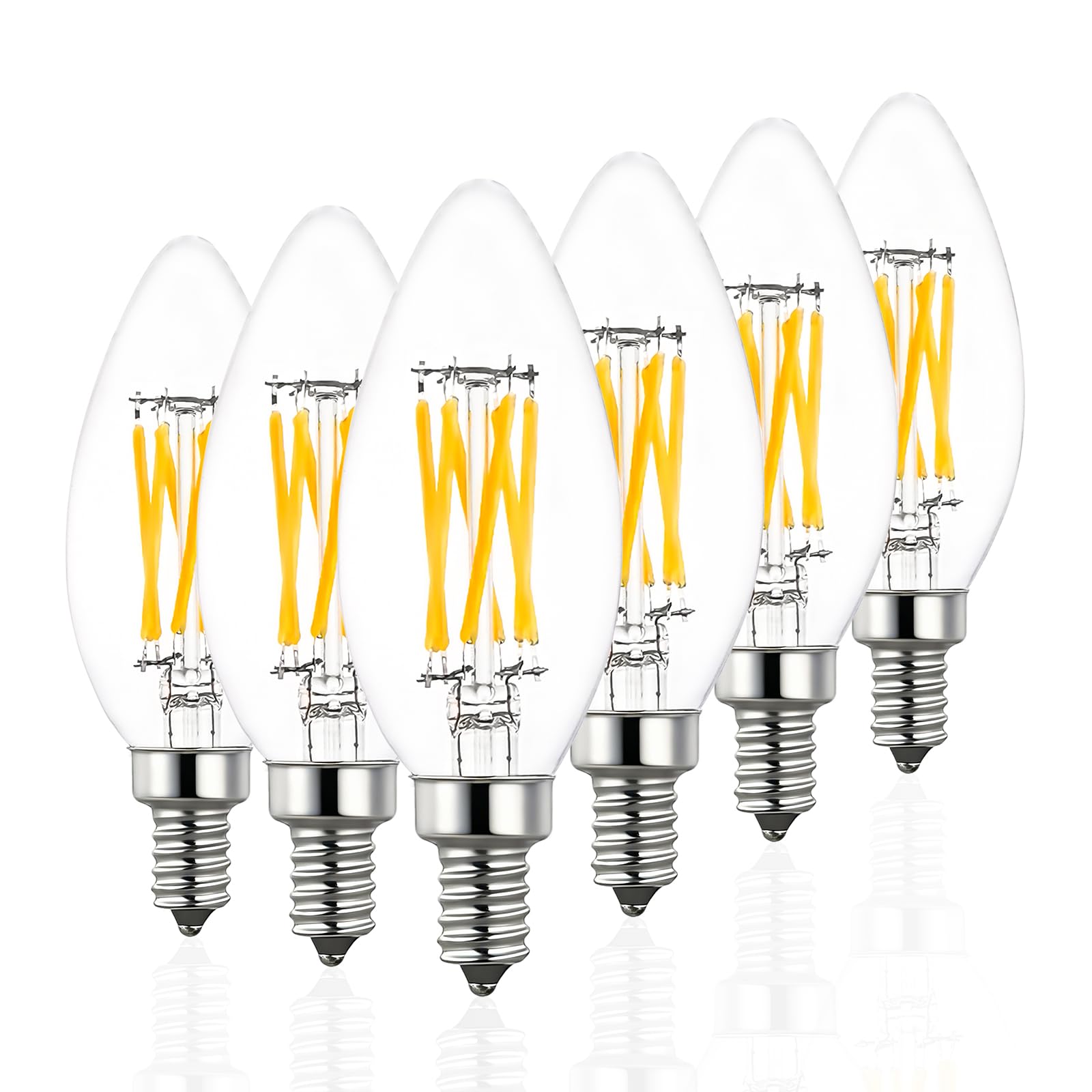 CHULEIBACUI B11 Type B LED Filament Bulb, E12 Base, 6W/60W Equivalent 2700K Warm White – Clear Glass, Dimmable, Ideal for Chandeliers, Wall Sconces & Decorative Lighting, 6-Pack (2700K)