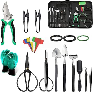 24 Piece Bonsai Tree Kit, Bonsai Trimming Tool Set, Bonsai Starter Kit, Carbon Steel Scissors Cutter Shears, Stainless Steel Rake Shovel, Gardening Pruning Tools, Gloves