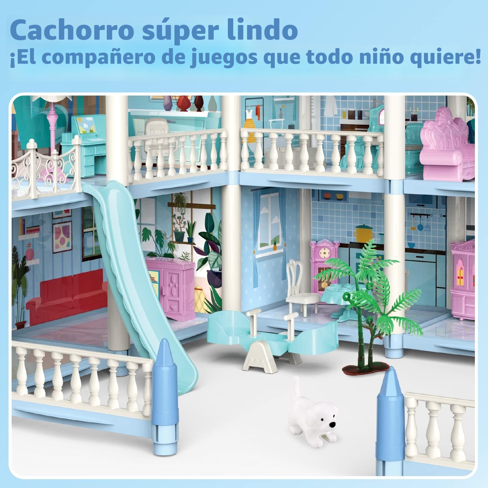 deAO Casa de Muñecas Villa para Niñas, 3 Pisos Casa de Muñecas de Ensueño con Muebles y Toboganes, Escaleras, Vallas, Perro Muñeco, Princess Castle Playset, Regalo para Niñas de 6+ Años (Azul)