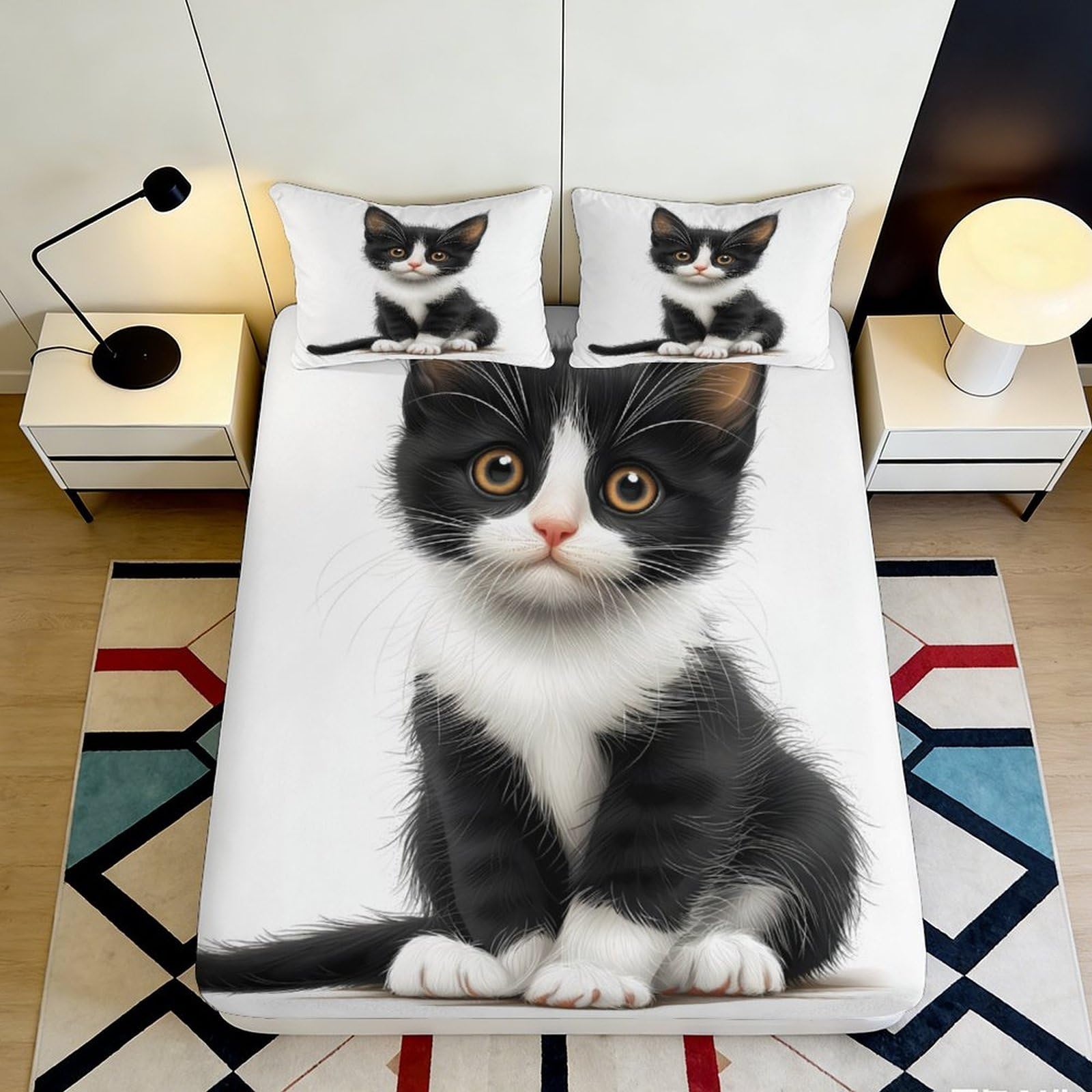 3D Printed Black White Cat Fitted Sheet Microfiber Soft Bedroom Decor Kitten Mattress Cover for Home Guest Room 90x200x25cm