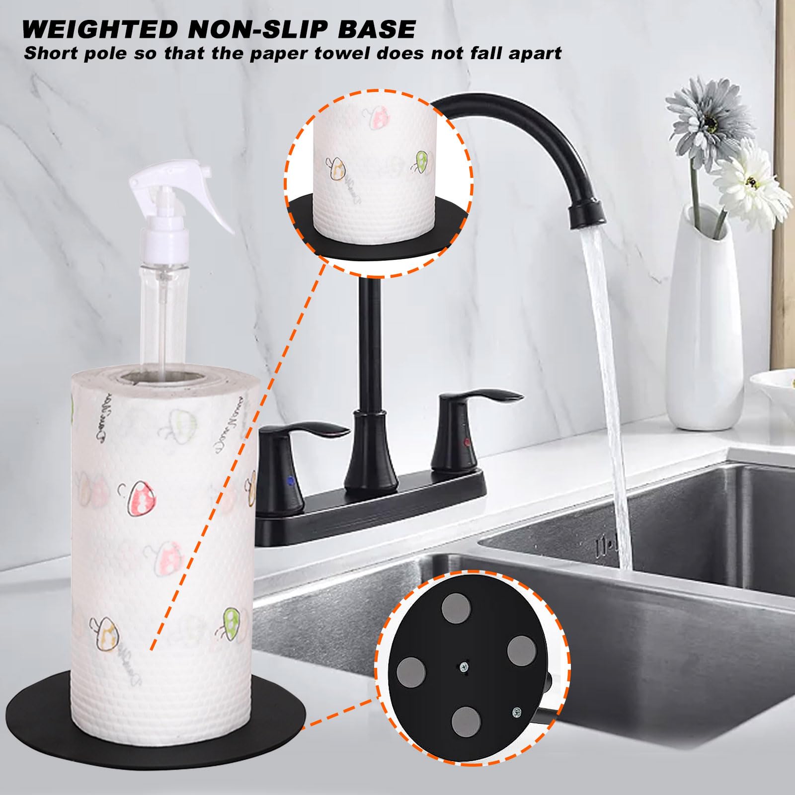 Portarotolo da Cucina con Flacone Spray, Portatovaglioli da Tavola Autoportante, Porta Rotoli da Cucina Nero Opaco, Antiscivolo, Porta Rotolo di Carta Multifunzione per Cucina, Bagno