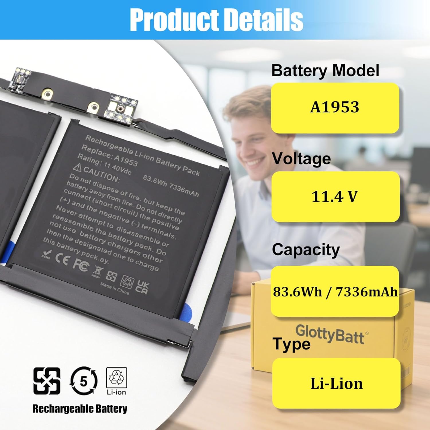 A1953 A1990 Battery Replacement for MacBook Pro 15 Inch Mid 2018 2019 EMC 3215 3359 Series Laptop Battery MV902LL/A MV912LL/A MV922LL/A MV932LL/A MV942LL/A MV952LL/A MV962LL/A 83.6Wh