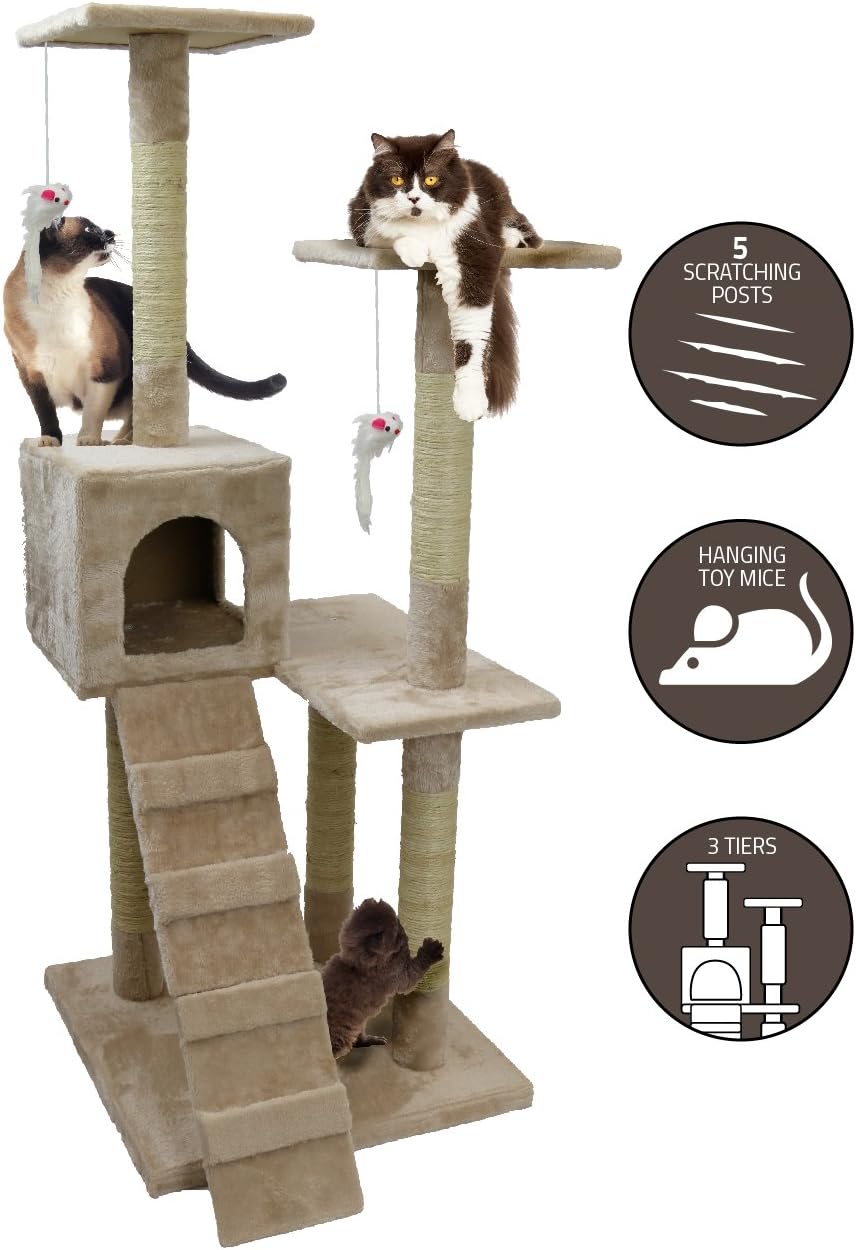 Petlo Kitty Cat Tree - 4 Foot Tall Soft Felt Carpet Climbing Kitten Play Tower and Scratcher to Play, Scratch and Rest – Three Levels…