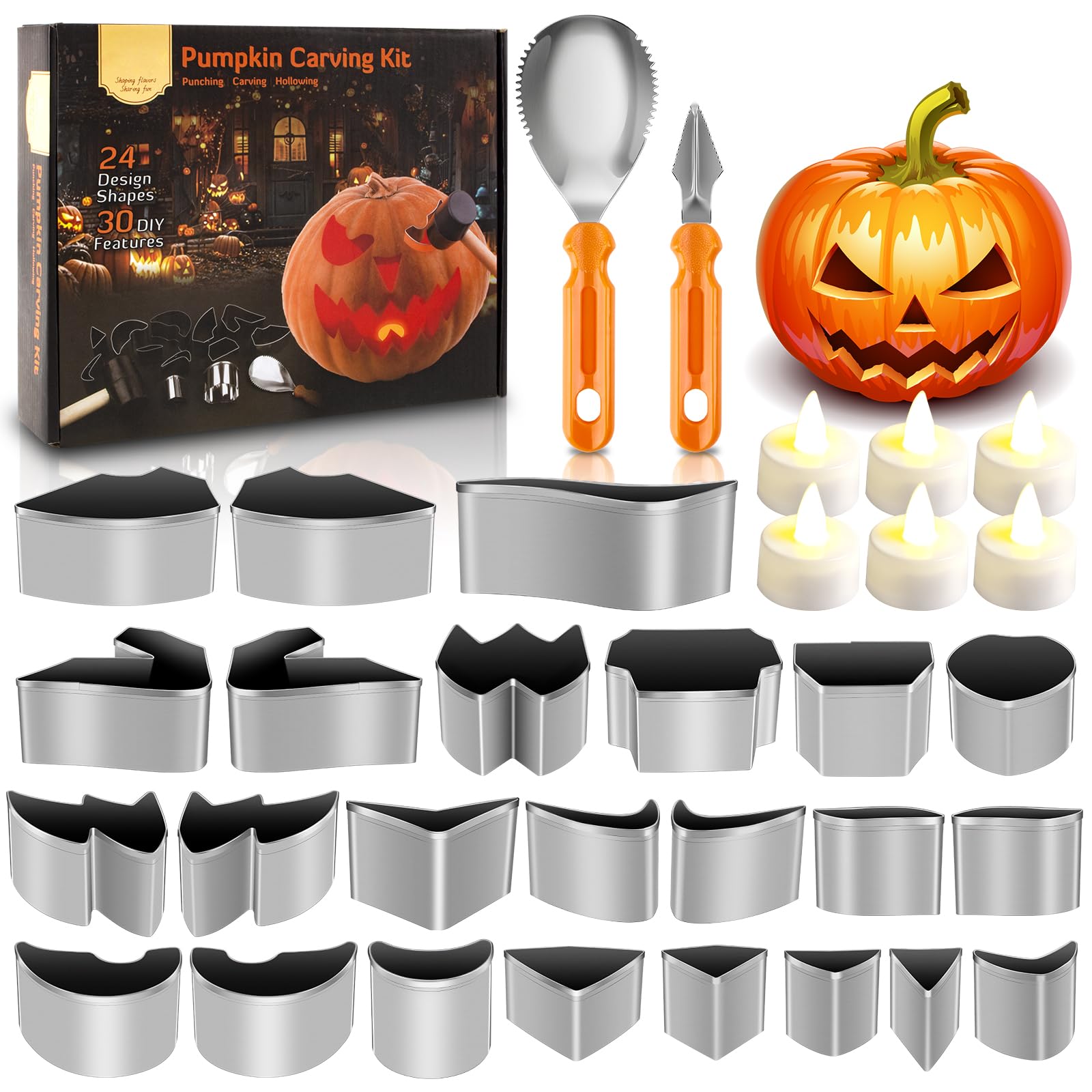 24 Stück Halloween Kürbis Schnitzset, Edelstahl Schnitzwerkzeug Kürbis, Kürbis Schnitzen Werkzeug mit 2 Schnitzmesser und 6 Kerzen, Kürbisschnitz Set Kinder und Erwachsene für Halloween Deko