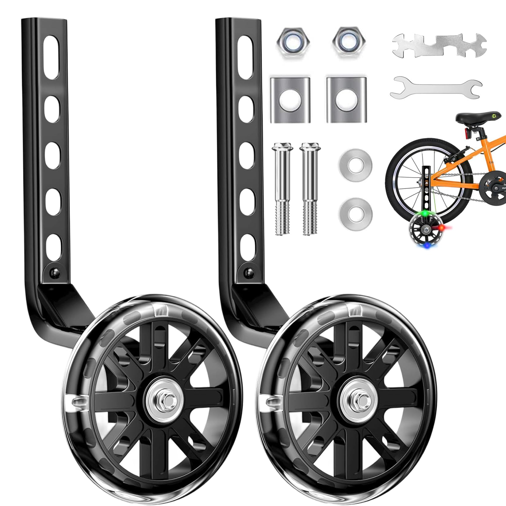 GothicBride Children's Bicycle Stabilisers, Auxiliary Wheels with Mute Flash Wheels, Adjustable Safety Stabilisers, Universal Stabilisers, Children's Bicycle with Triangle Reinforcement for 12 14 16