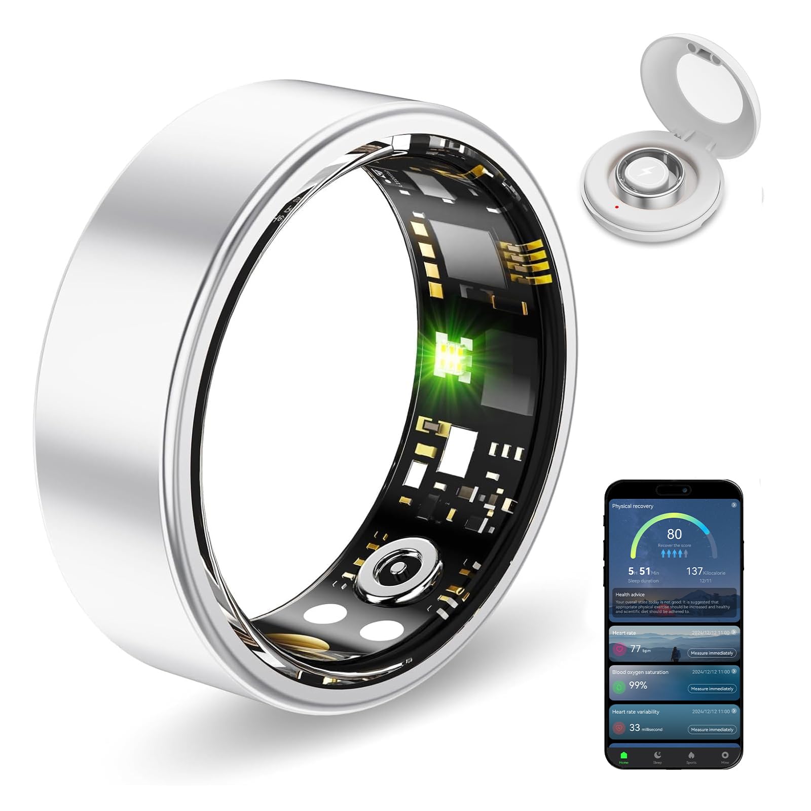Smart Ring Health Tracker, monitoraggio del sonno e dell'esercizio, frequenza cardiaca, ossigeno nel sangue, fitness tracker per uomo e donna, batterie a lunga durata, impermeabile