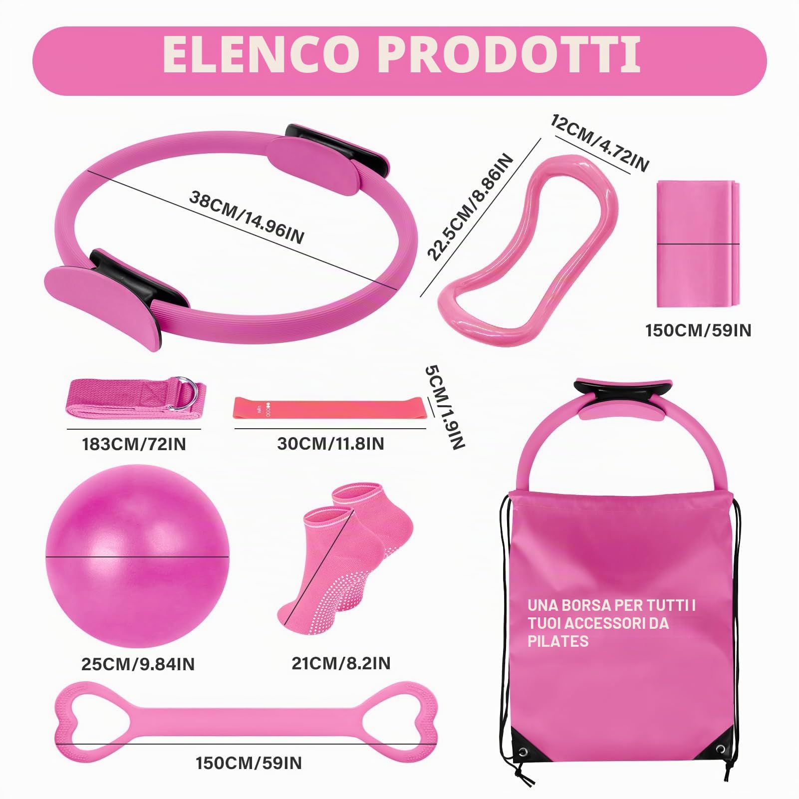 Kit da 13 pezzi per pilates da donna: Magic Circle Yoga Ring Booty Bands per allenamento glutei Pilates Ball calzini antiscivolo e borsa da palestra – Set regalo essenziale per l'allenamento a