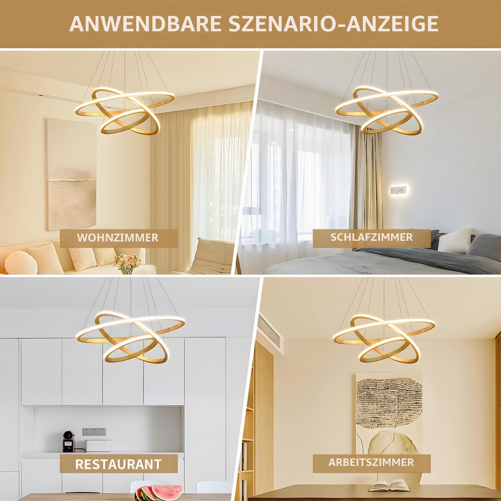 Holz LED Kronleuchter, Deckenleuchte, Dimmbare 3 Ring Holzleuchte, Verstellbare Kreis Pendelleuchte Kücheninsel Esszimmer Wohnzimmer Foyer Zum Aufhängen 【40+60+80cm】