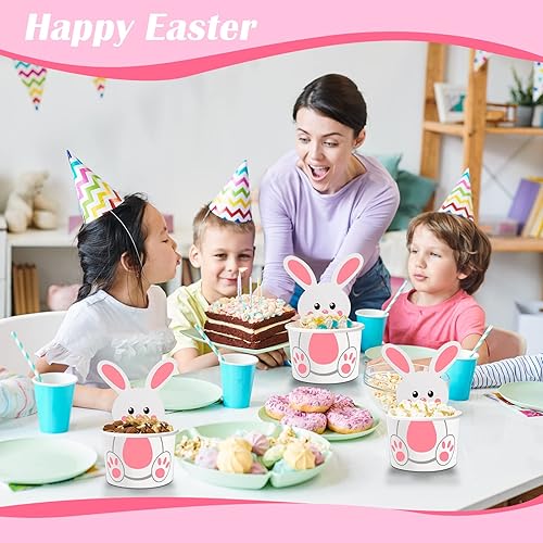 Miniatura 6 de Suclain Paquete de 50 tazas de bocadillo de conejo de Pascua de 8 onzas, cuencos de papel desechables de conejo, tazas de postre de conejo, tazas