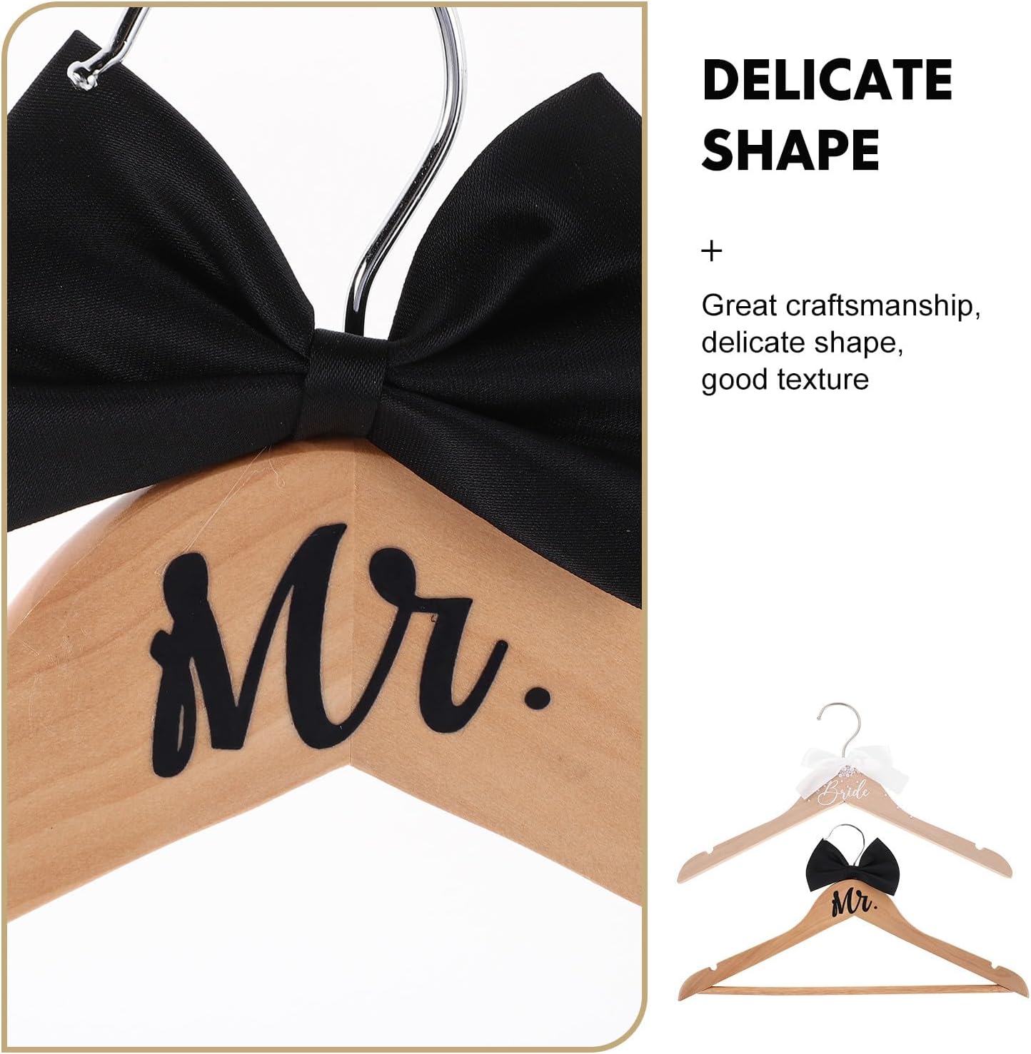 BESPORTBLE 2PCS Bride and Groom Hangers - Wooden Bride Wedding Dress Hanger with Bow Tie for Tuxedo Suit Bridal Shower Party Wedding