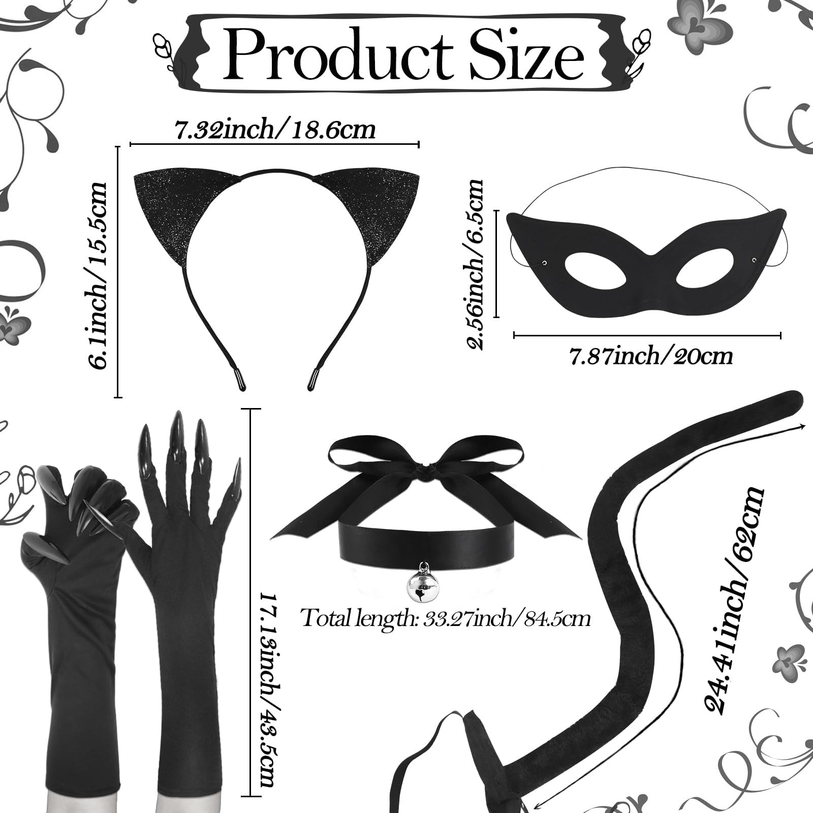 Doodlewitz 6pcs Black Cat Costume Set, Sequins Black Cat Ears Cat Tail Masquerade Eye Cover Tail Cat Claw Gloves Choker - Image 2