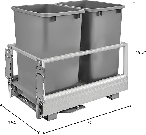 Miniatura 10 de Rev-A-Shelf Double 35 Quart Pull Out Trash Can for Base Kitchen Cabinets, Storage Garage Bin on Wire Basket with Soft Close, Silver, 5149-18DM-217