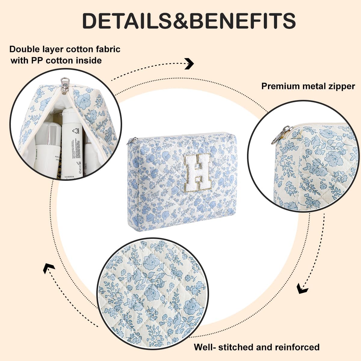 Alphabet Makeup Bag Cosmetic Bag for Women, Christmas Gifts for Age 11-18, Personalized Floral Coquette Travel Bag, Trendy Stuff Zipper Make Up Pouch Organizer Bag (Blue Floral H) image 4