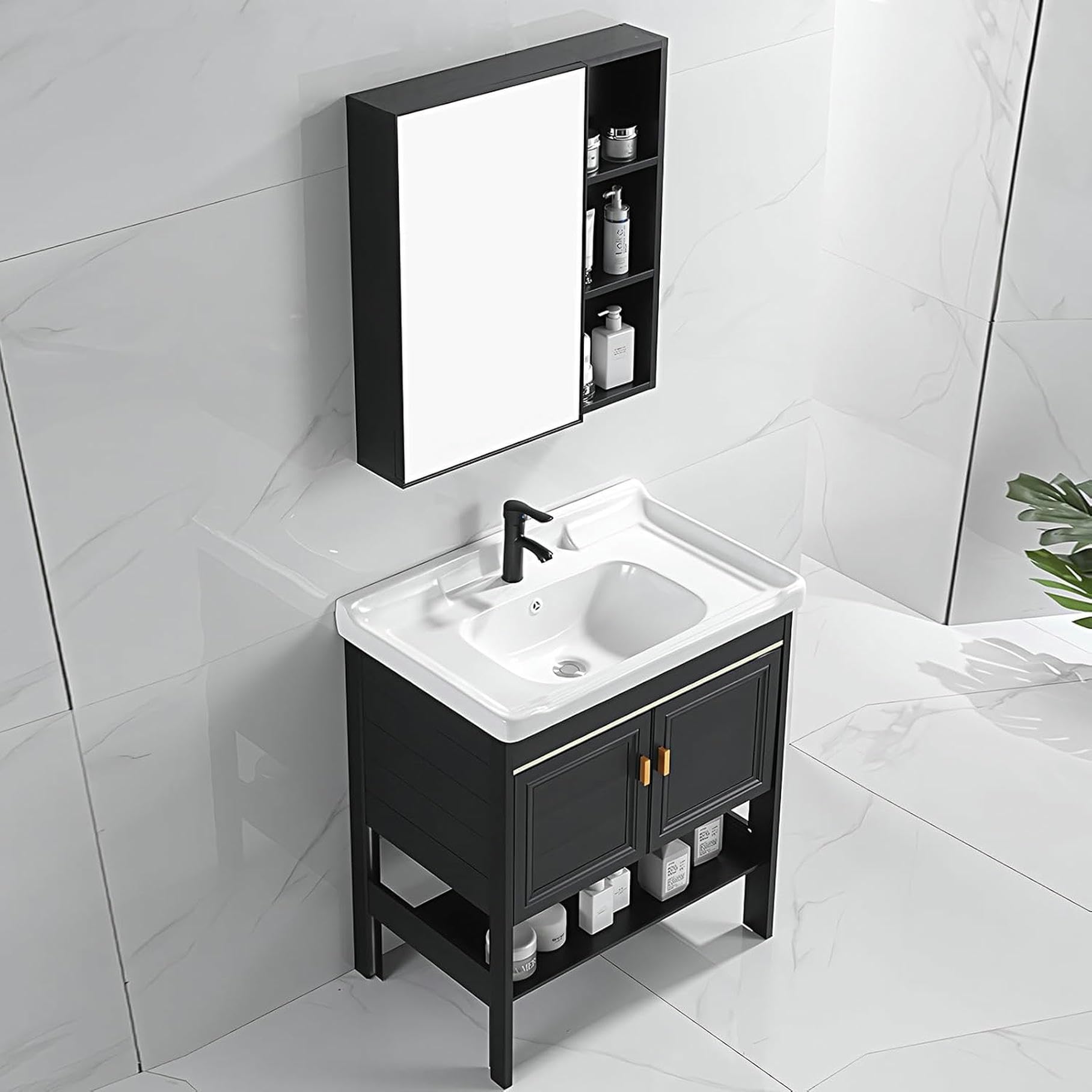 Nowoczesny domek wiejski łazienkowy Vani Sink Combo z półką Sto czarna szafka, biały zlew na naczynia i lustro, solidny fau i wyskakujący odpływ (70 x 47 cm)