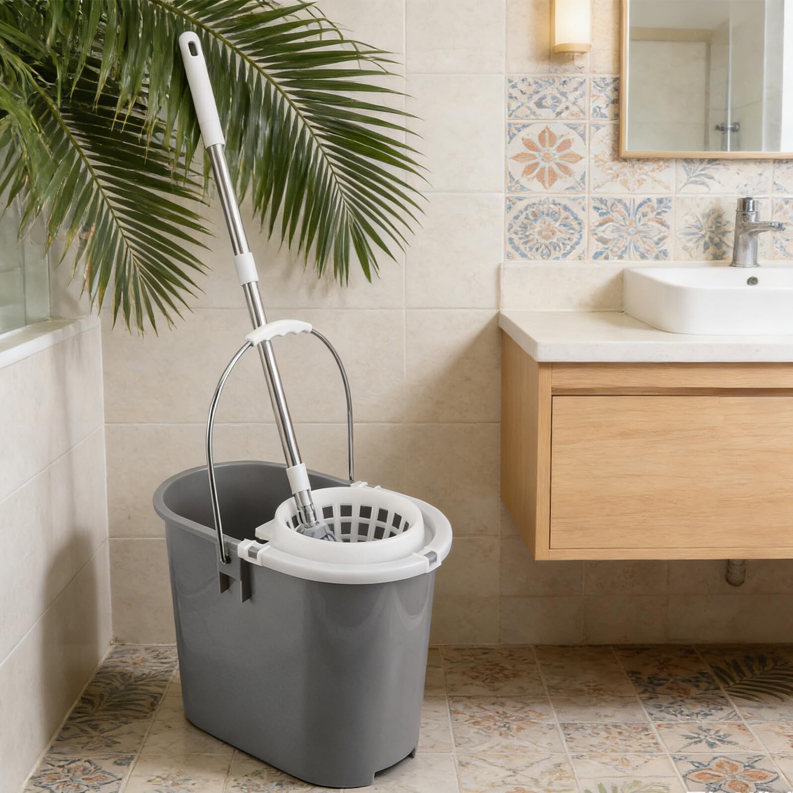 Cabilock Cubo para Fregona Comercial Gris 236 con Malla Lateral de Presión, Pieza para Trapeador Redondo, Accesorio Resistente para Limpieza de Pisos en Hoteles y Restaurantes