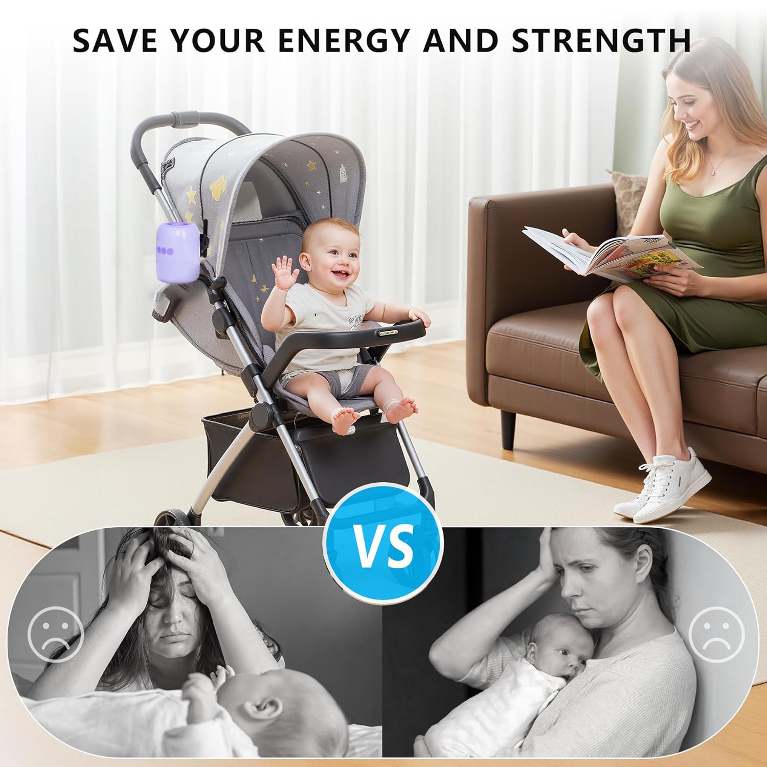 Baby Rocker Recargable, Mecedora Carro Bebe con 5 Niveles de Balanceo y Ruido Blanco - Ajustable, Ultra Silencioso, USB-C, 2 Soportes Universales para Todos los Cochecitos (Rosa) (Morado)