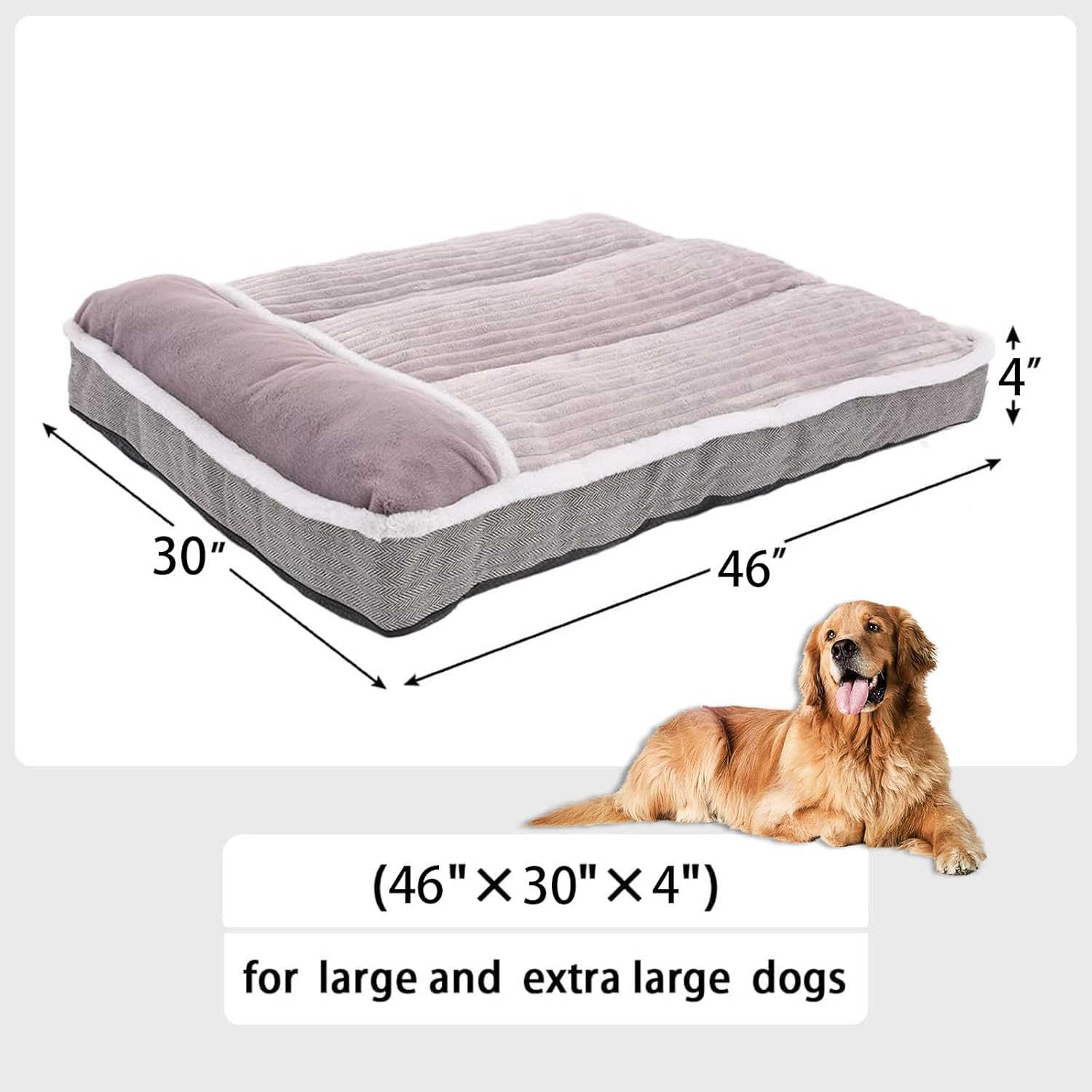 Dog Bed for Large Dogs, Dog Mattress with Pillow for Crate Kennel, Sofa pet Bed, Super Soft pet Bed for Medium, Jumbo, Small Dogs Breeds (Grey, XX-Large:(46"x30"x4")