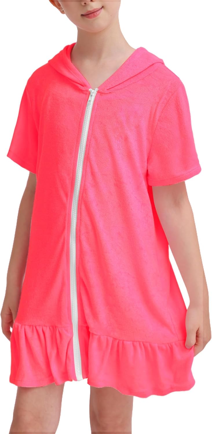 Girls Swim Cover Up Multicolor Hooded Zip-Up Terry Swimsuit Ruffle Bathing Suit Kids Short Sleeve Swimwear
