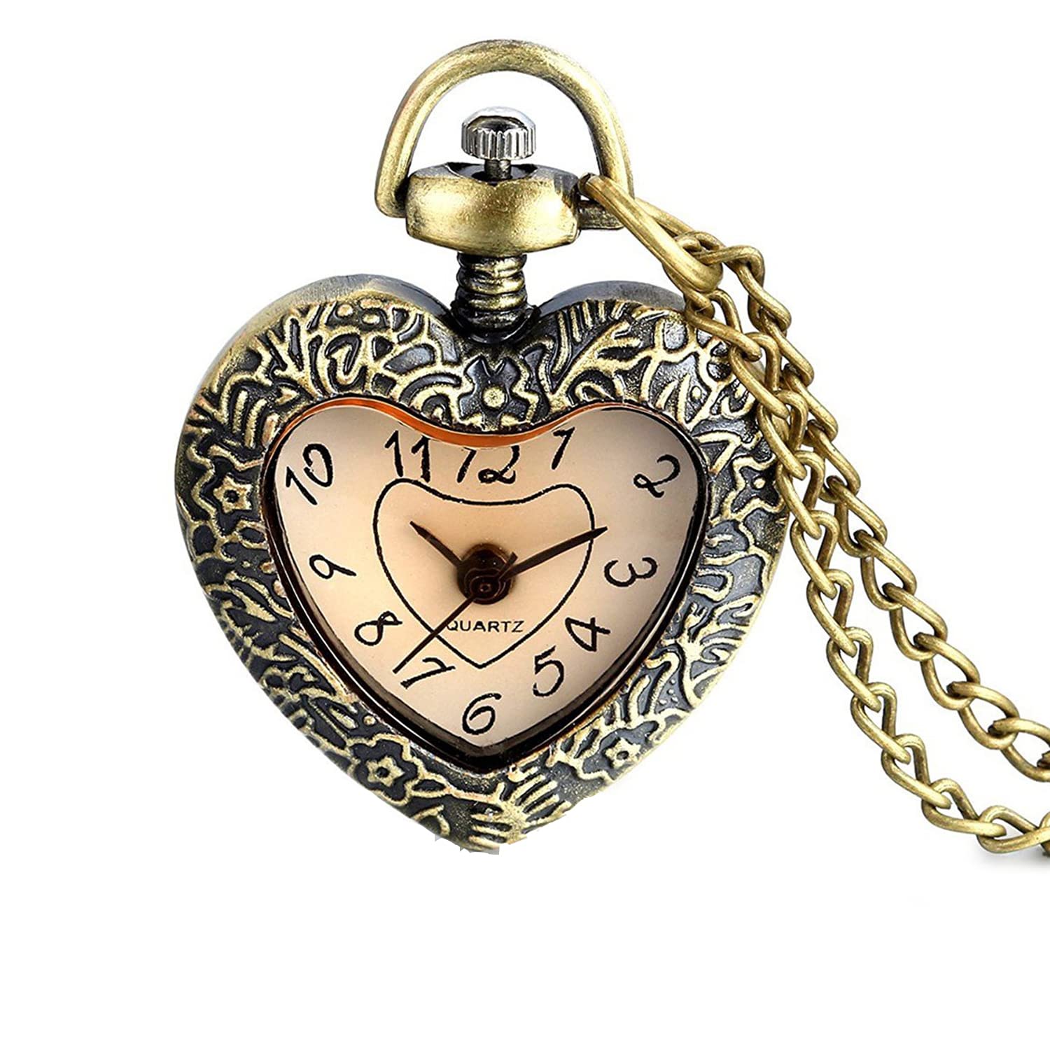 Young & Forever Vintage Heart-Shaped Pocket Watch Necklace, Bronze Alloy, 81.3 cm Chain, Quartz Movement