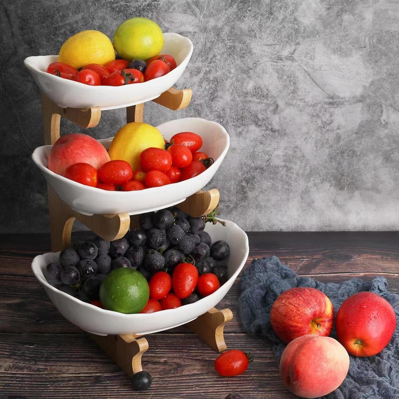 3 Tier Ceramic Fruit Bowl for Kitchen Counter with Bamboo Stand, Large Capacity Tiered Fruit Basket for Fruits & Vegetables, Elegant Porcelain Serving Tray for Desserts, Snacks, Parties & Home Décor