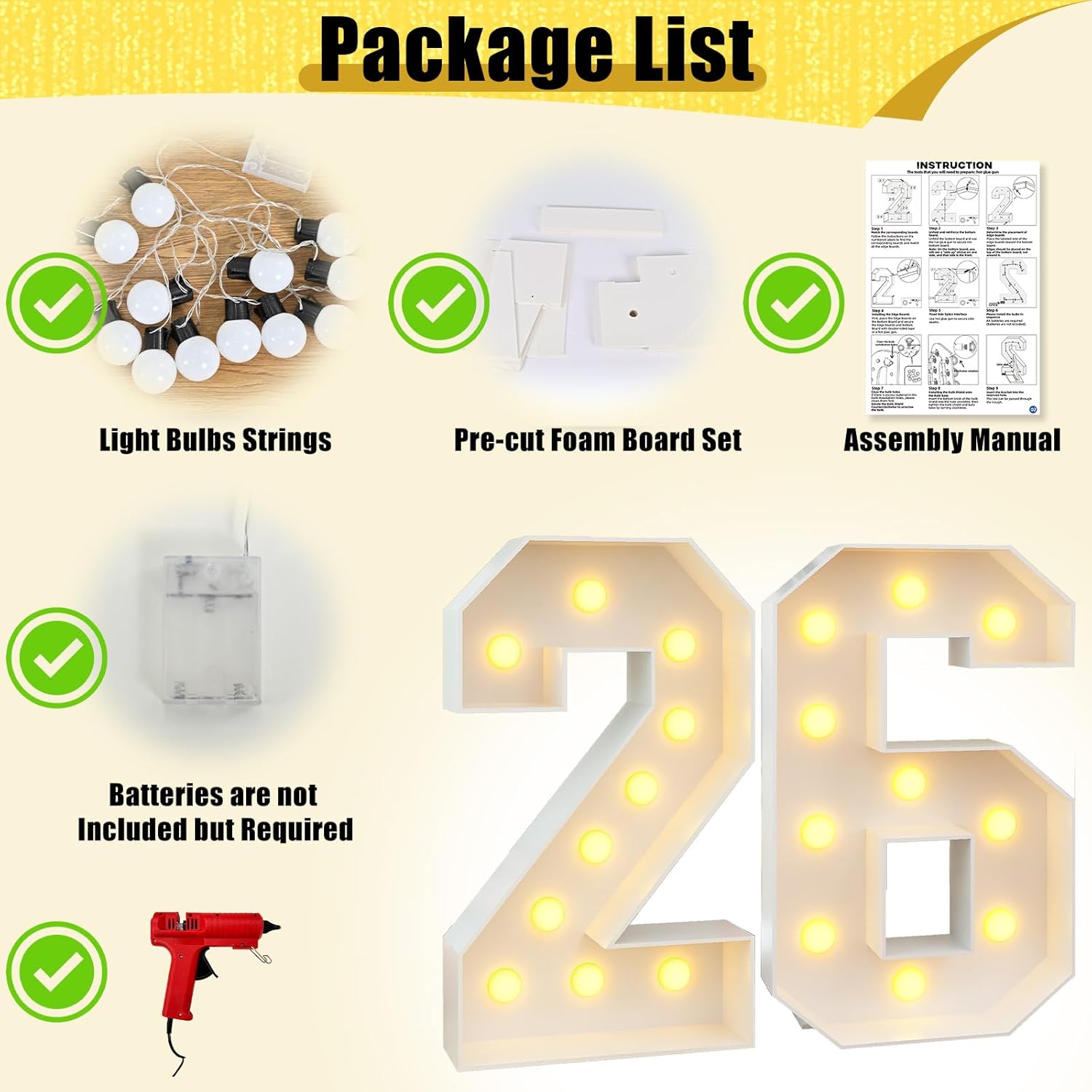 Pack of Light up Numbers 2026, 2026 New Year Party Decorations with Light, 4ft Marquee 2，0 and 26 Numbers, White Large Mosaic Frame Letter Cardboard Pre-Cut Thick Foam Board Sign Graduation