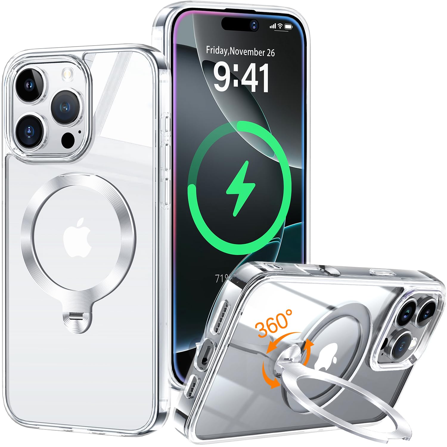 HaloArt 360° Girevole Supporto Magnetica Cover per iPhone 16 Pro Max [Stabile CD Anello Supporto per MagSafe] [N.1 Potenza Magnetica & Protezione Militare] Custodia Antiurto Sottile, Trasparente