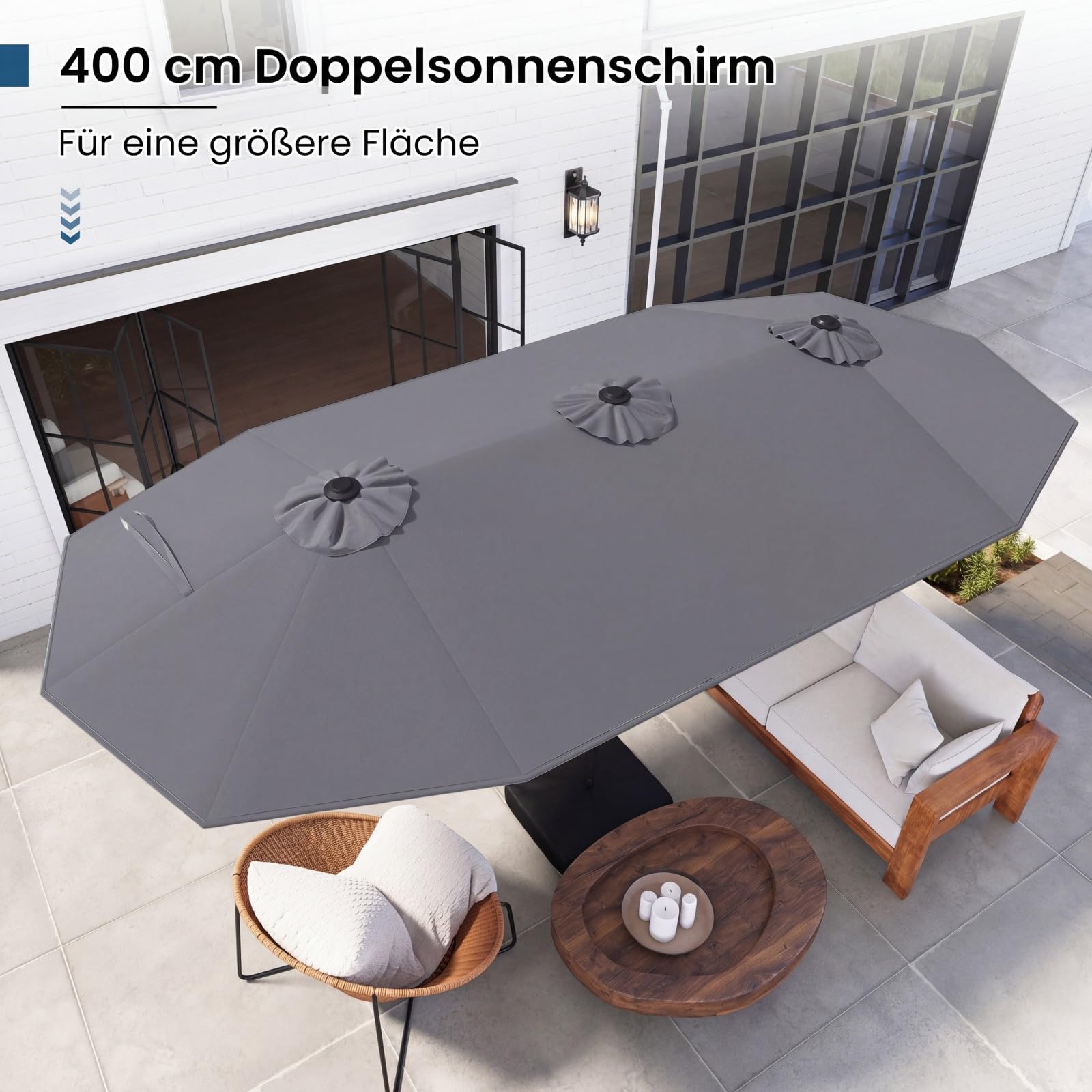 COSTWAY Doppelsonnenschirm mit Ständer und LED-Leuchten, 400 x 200 cm, Sonnenschirm Groß XXL, UPF 50+, Gartenschirm mit Kurbel, Terrassenschirm, Marktschirm für Garten, Terrasse & Pool (Anthrazit)