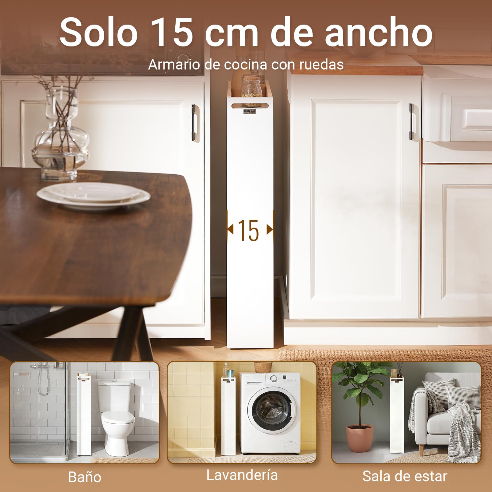 SoBuy Carrito Auxiliar con Ruedas 15cm, 3 Niveles, 80x50x15cm, Cocina/baño | Carrito de Cocina Estrecho con barras de madera anticaída, asa & 3 niveles, fácil de mover, para espacios estrechos, NSR12-W