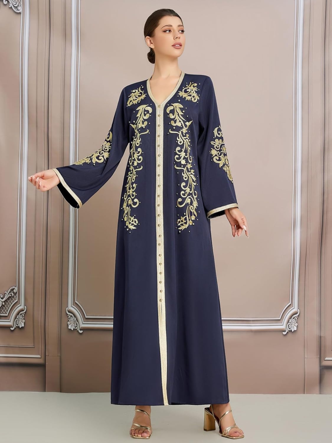 Luxury Plus Size Kaftan Dress for Women Embroidered Muslim Abaya Dress V Neck Middle Eastern Robe for Eid Ramadan - Image 7