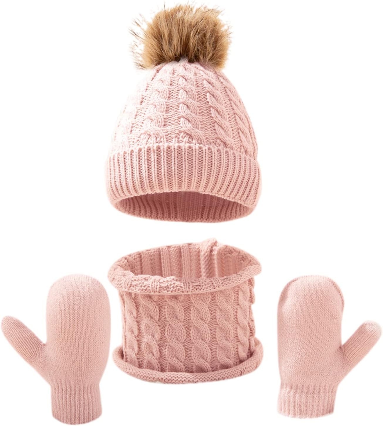 Kids Girls Boys Winter Hat Gloves Scarf Set Toddlers Knitted Beanie Hats Gloves Thick Fleece Lined Neck Warmer Sets