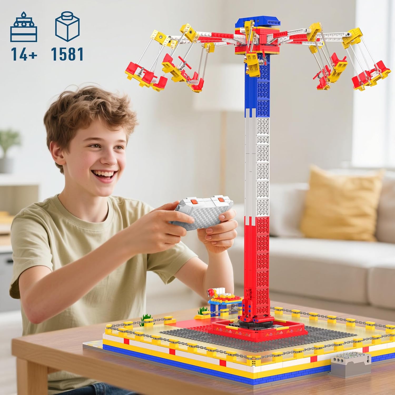 Mould King 11016 Amusement Park Building Sets, 1581+ Pieces Motorized Rotating Swing Ride with Remote & APP Control, Realistic Theme Park Model with Lift, Spin & Swing, STEM Toy Gift for Teen & Adults