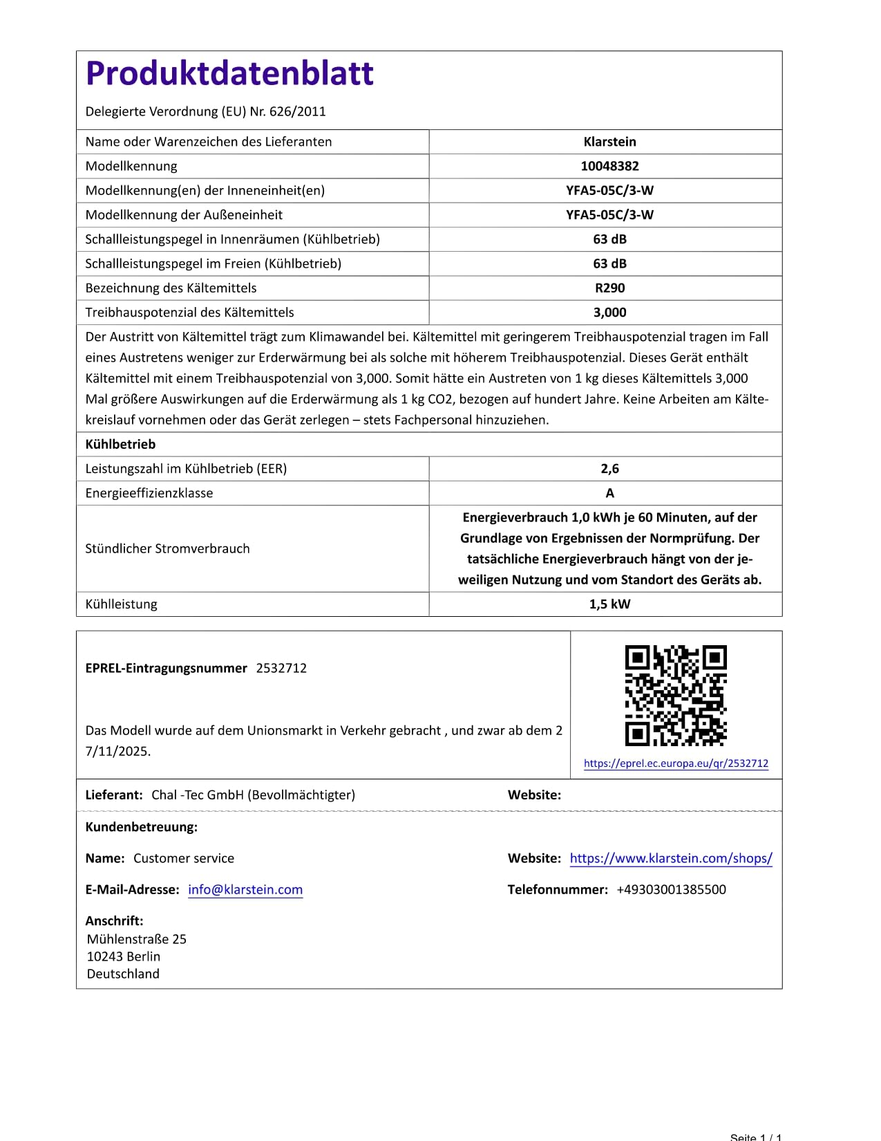 Klarstein Chillavan – przenośny klimatyzator – 5 000 BTU, do pomieszczeń o powierzchni do 20 m², 3 w 1: klimatyzator, osuszacz powietrza i wentylator, klasa efektywności energetycznej A