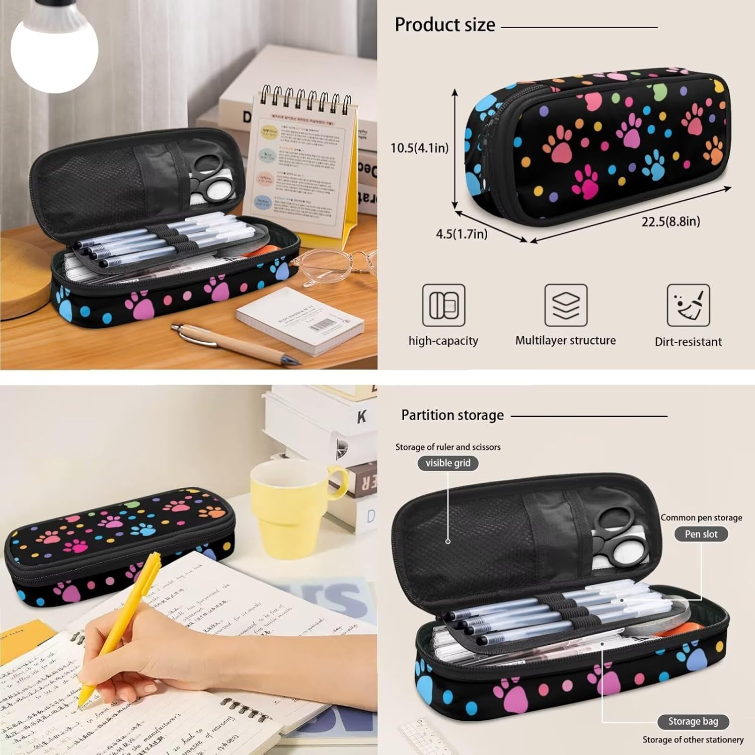 Ystardream Bookbags for 4Th Grade Girls Colorful Paw Prints Backpack With Lunch Box Kids Girls School Back Packs Bookbag for Boys Large Schoolbags Rucksack Travel Outdoor Daypack 4Pcs