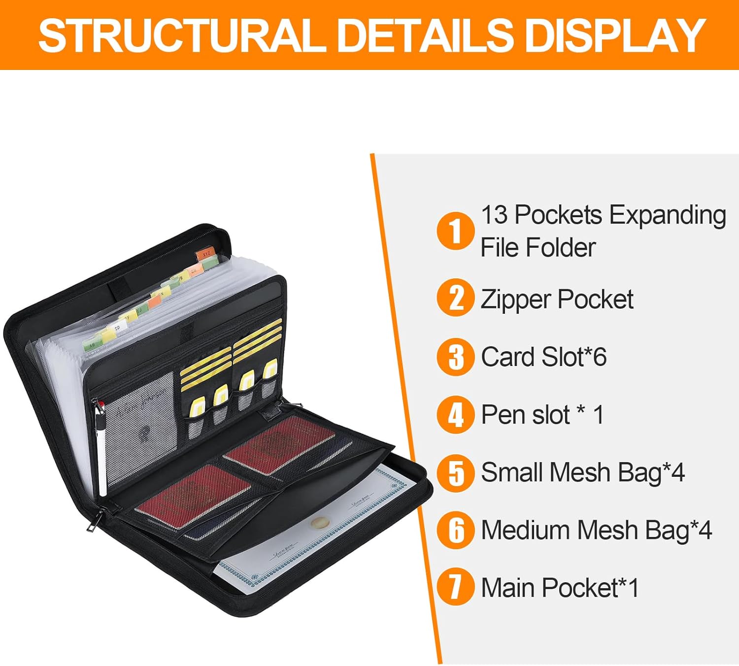 Expanding File Folder, 35.5cm X 26cm X 4.1cm Fireproof Folder Tabs, with 13 Pockets, Legal File Organizer, with Zipper & Labels, Document Binder, Hanging File Folders