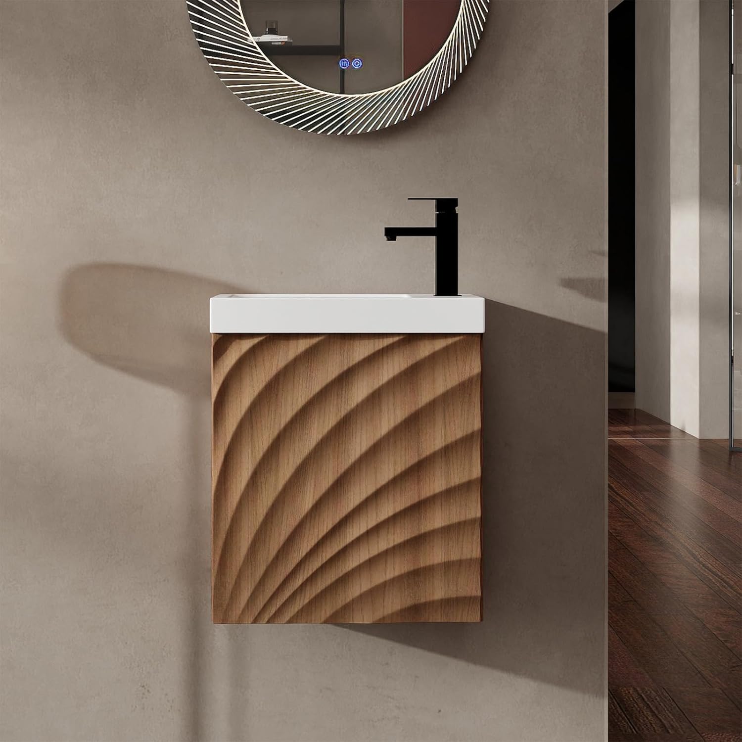 18 inch Bathroom Vanity with Sink Combo, Wall Mounted Bathroom Cabinet with Resin Basin Top & 3D Carved Soft-Close Door, Modern Floating Bathroom Vanity for Small Space, Walnut