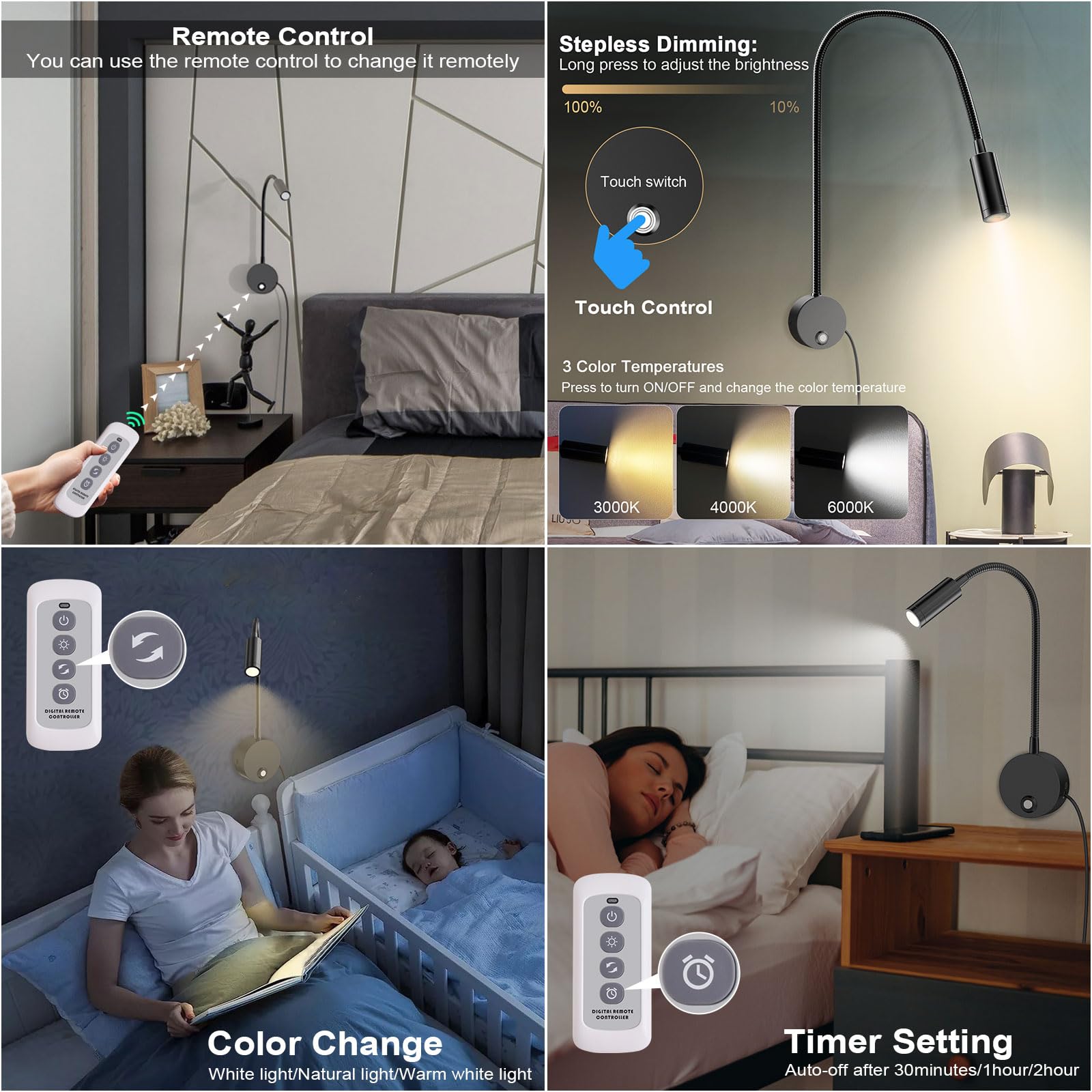 ERAY Wall Mounted LED Reading Light with Remote Control, Dimmable Book Light with USB Charging Port & 15
