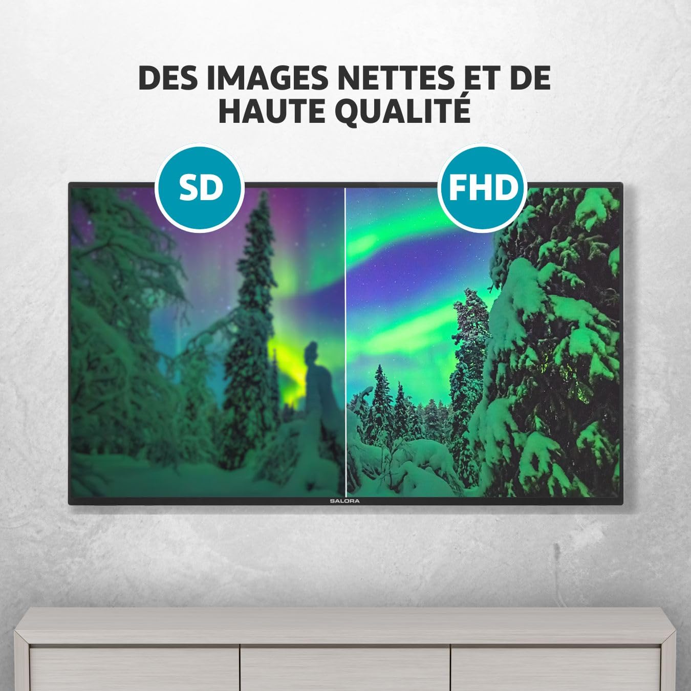 SALORA SMART40TV– TV Android avec écran LED Full HD 40 Pouces, HDR10 et HLG, Wi-FI, Bluetooth, 3X HDMI, Tuner DVB-T2/S2, Commande vocale, Classe énergétique F, TV LED compacte pour la mai