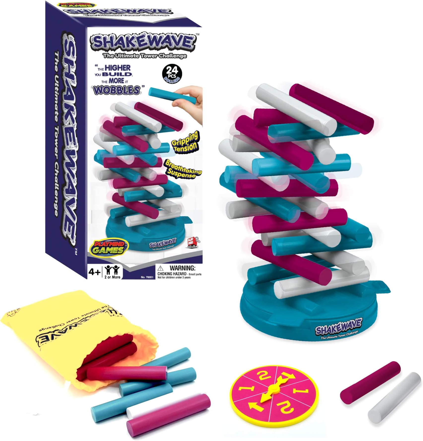 MUKIKIM Shakewave, Ultimate Stacking Blocks Game Challenge, Stack Rollers to Build Tower As High As Possible On Rotating Base Without Causing It to Collapse! Promotes Hand-Eye Coordination & Balance