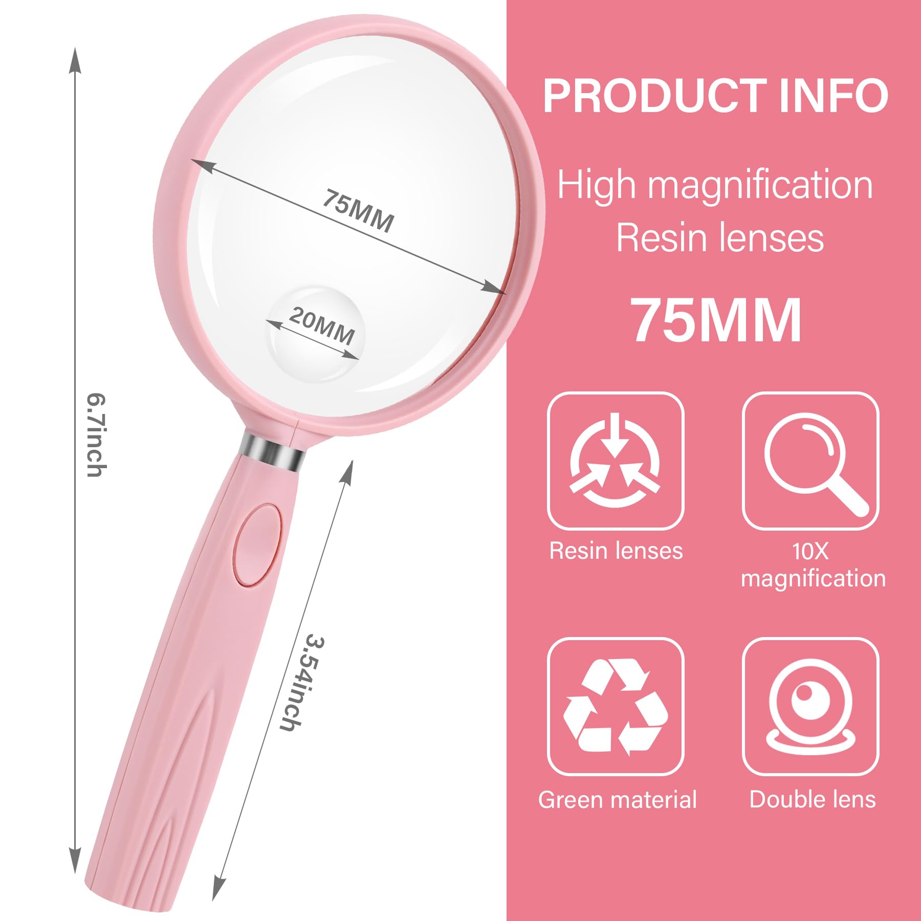 Feosky Hand-Leselupe, 10-fache 30-fache Lupe, 75 mm bruchsichere Linse, Rutschfester Griff für Erwachsene, Enge Arbeit, Senioren, Lesen und Kinder, Naturforschung, Hobby-Beobachtung (Rosa)