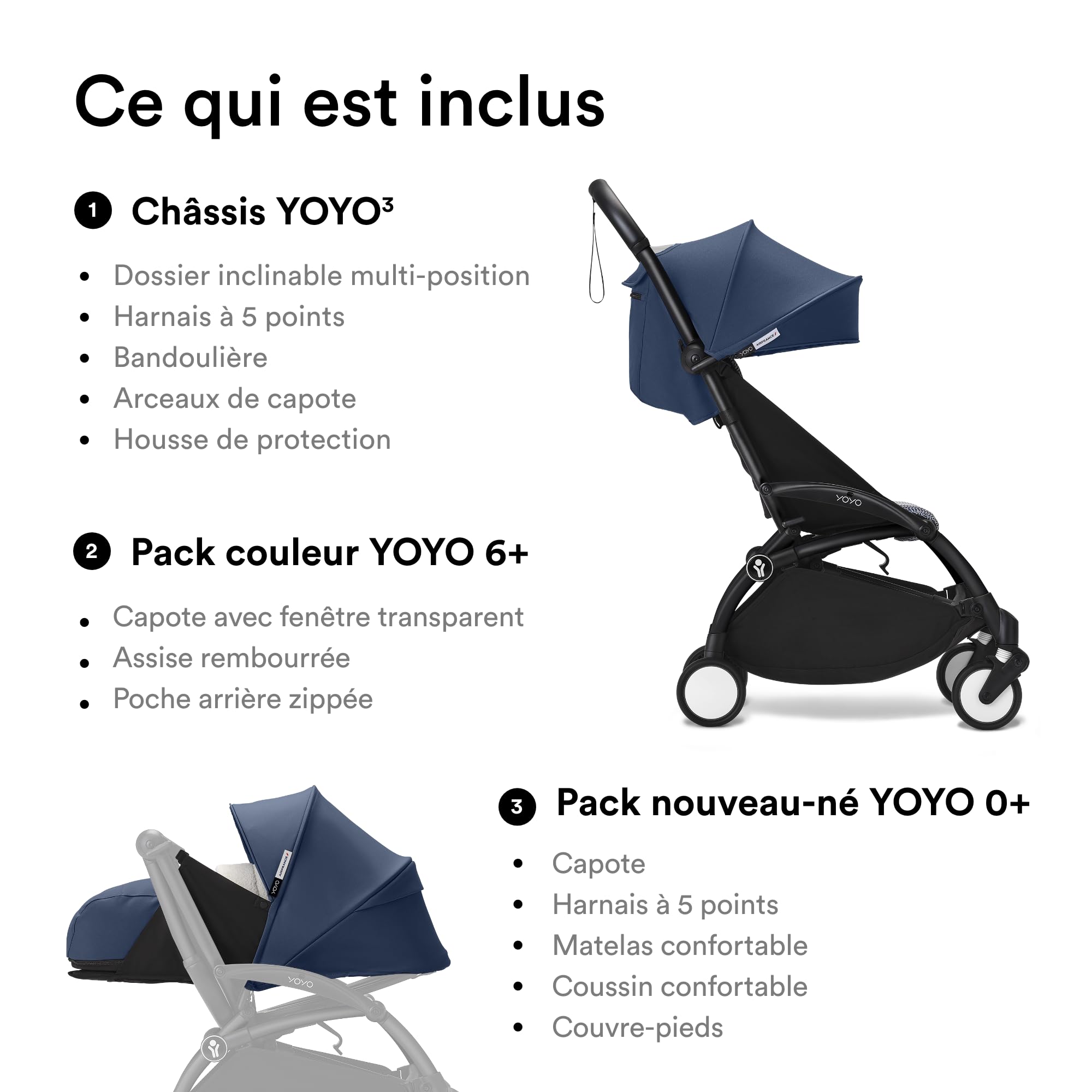 Poussette complète YOYO 3 châssis noir Pack 0+ et 6+ Bleu Air France - Stokke
