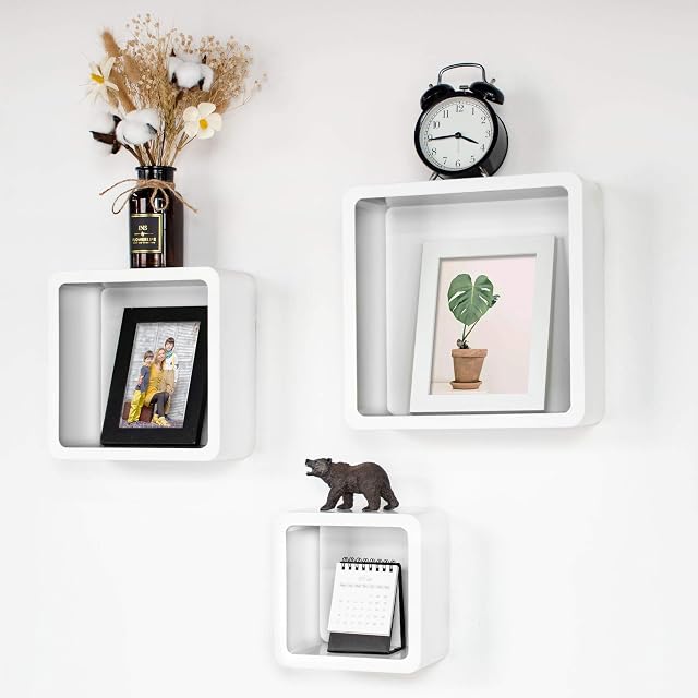 Ezigoo Cube Wall Shelves  Pack of 3  White  Shelves for Walls in Bedroom, Living Room, Home Office or Kitchen  Floating Storage of Books, Movies or CDs  Decorative Modern Wall Shelves