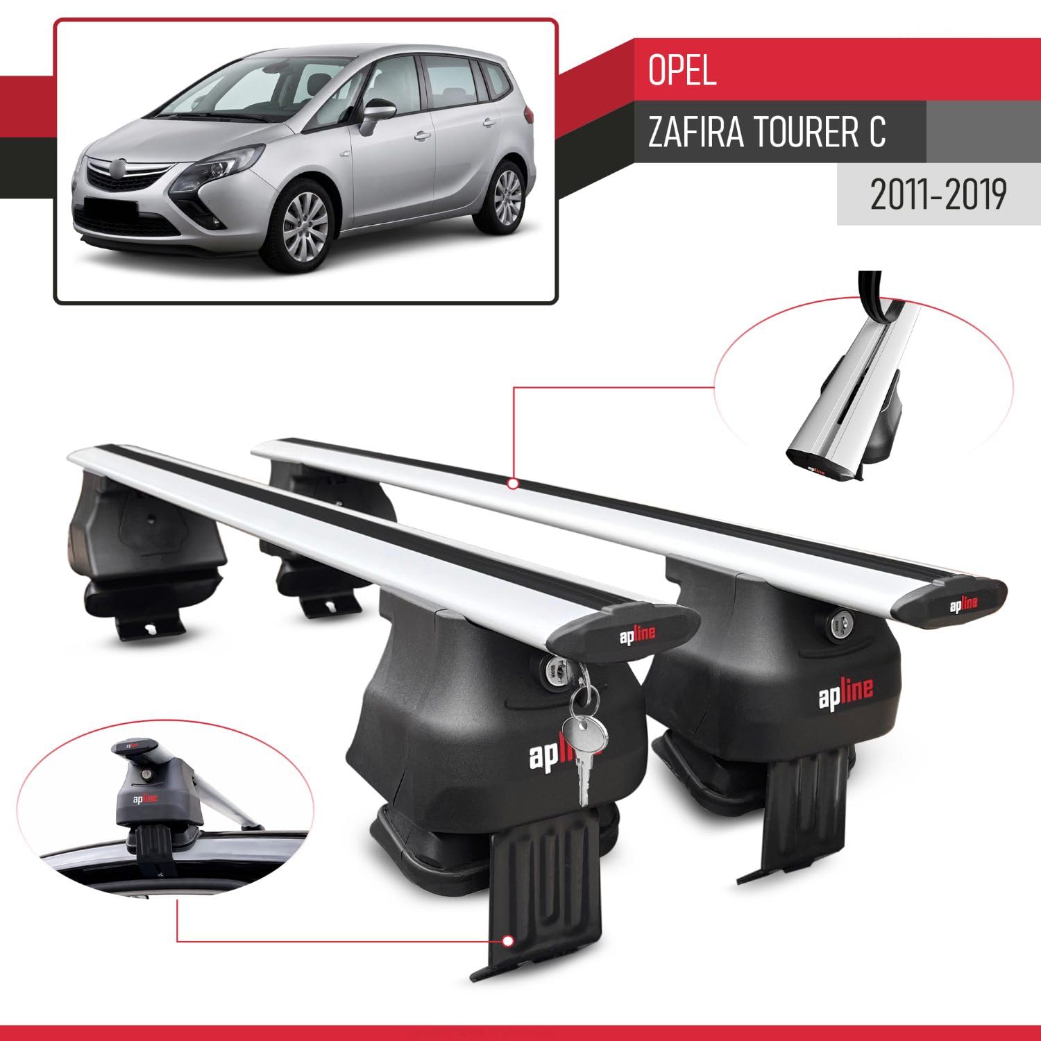 Compatible con Opel Zafira Tourer C 2011-2019 Ace-4 Barras de Techo Auto Portaequipajes Barras Transversales Gris Aluminio 2 Barras
