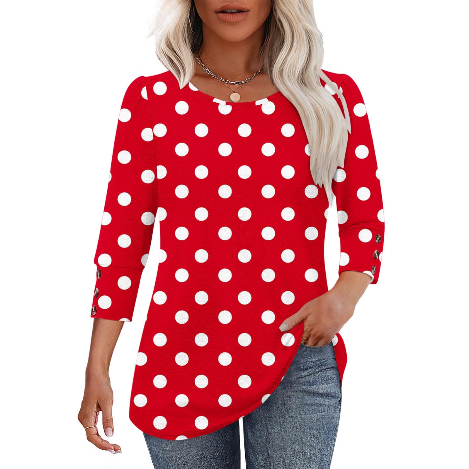 T-Shirt Damen 3/4 Ärmel, Punkte Dekoration Shirt Baumwolle Oberteile Damen Tshirt Rundhals Casual Tunika Tops Modisches Bluse Locker Sommer T-Shirts Weich und Bequem Langarmshirt