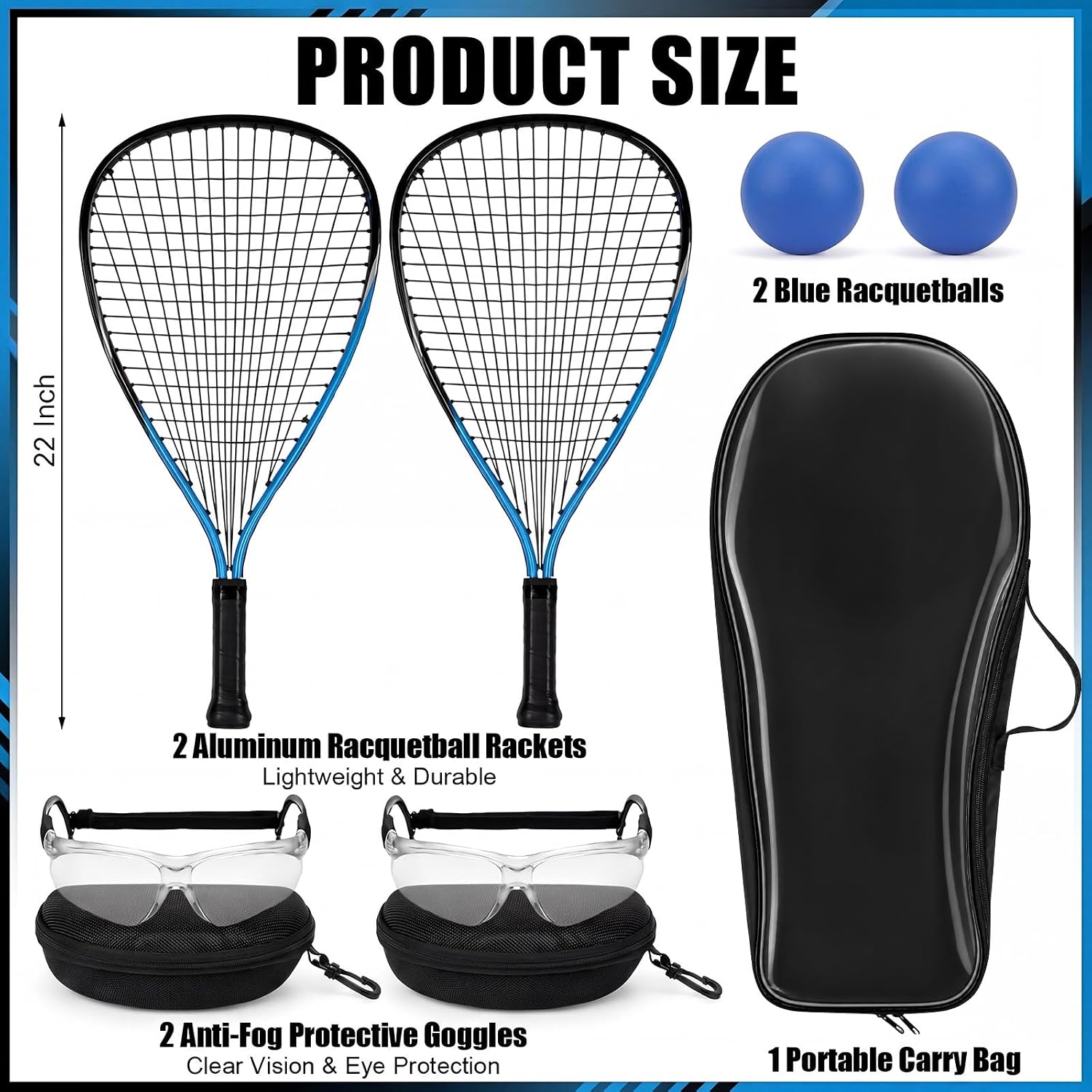 Seenelling Racquetball Racket Set of 2 with Carry Bag, 2 Anti Fog Sports Goggles and 2 Racquetballs, Aluminum Racquetball Starter Set for Beginners Indoor Court Play
