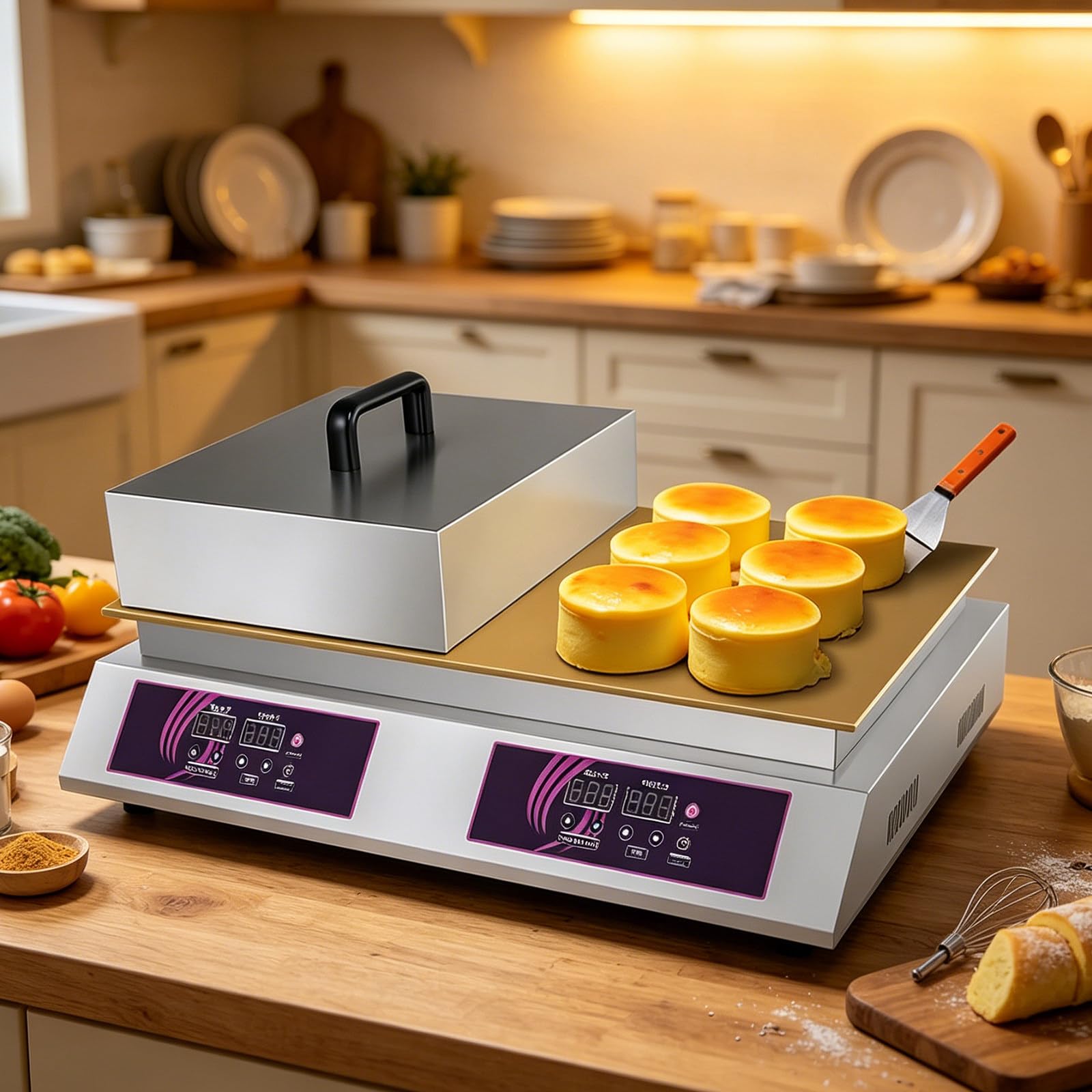 GSHSHOU Commercial Souffle Machine Pancake Maker Dorayaki Baker with Double Pure Copper Plates 60-240°C Commercial Grade Muffin Griddle Machine Digital Display Doublehead