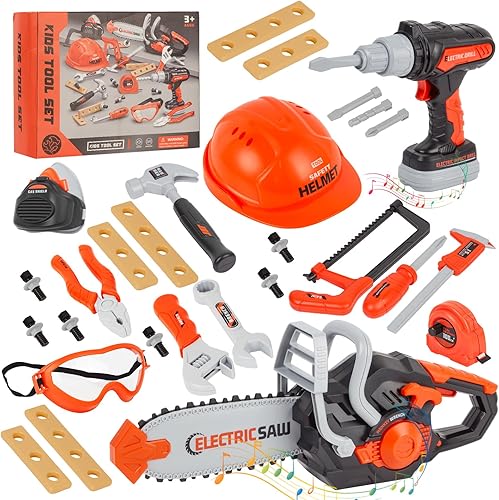Miniatura 1 de Juego de herramientas para niños, 35 piezas, juego de herramientas para niños con motosierra de juguete electrónico y taladro de juguete,