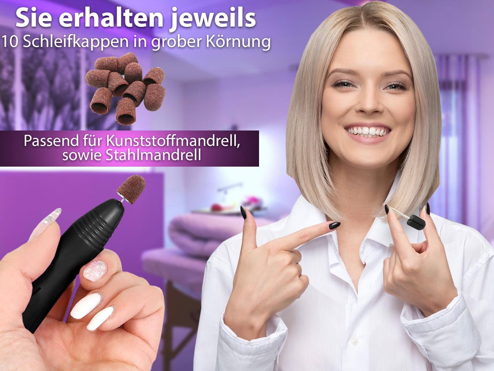 InstrumenteNrw Fußpflegegerät Hornhautentferner Spezial Fußpflege Set | Elektrische Pediküre mit 10 Nagelfräser Schleifkappen inkl. Kappenträger und Diamantschleifer zur Hornhautentfernung