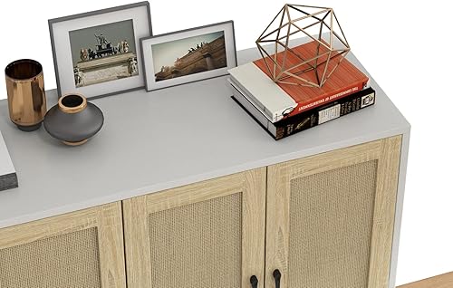 Miniatura 5 de Panana Gabinete de almacenamiento de buffet con decoración de ratán de 4 puertas, sala de estar, cocina, aparador de 48.43 x 34.65 x 15 pulgadas